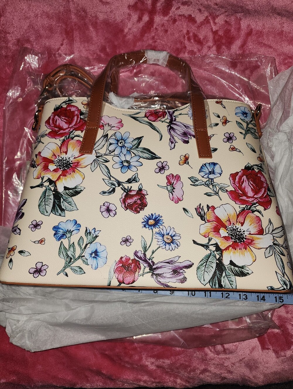 ✨️NWT/Floral 🌺🪻⚘️Print Cream Tote Bag with Brown Handles/ Crossbody Purse🌺🪻